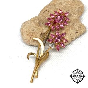 Vintage rose Crystal Floral brass brooch