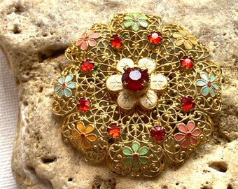 Vintage floral enameled filigree Czech brooch