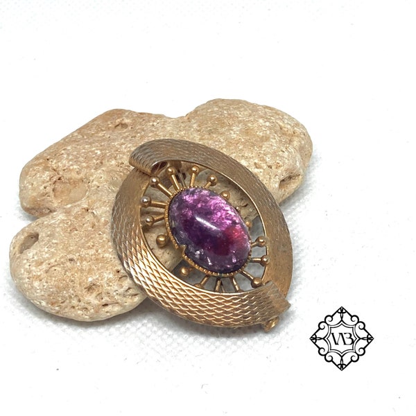 Vintage brass brooch with purple opal