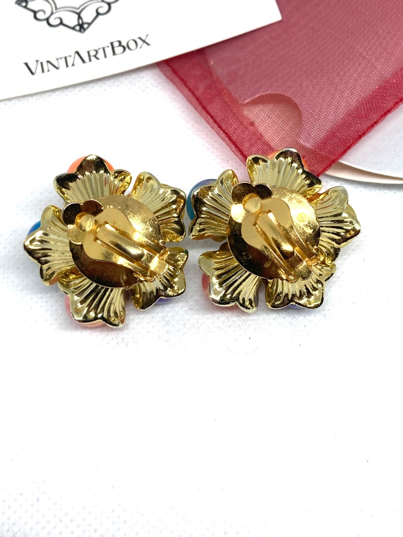 Vintage Colorful Floral Plastic Clip on Earrings Etsy