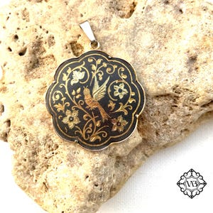 Vintage rare large floral Damascene birdie pendant