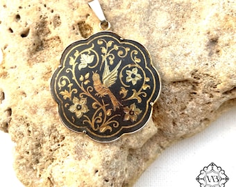 Vintage rare large floral Damascene birdie pendant