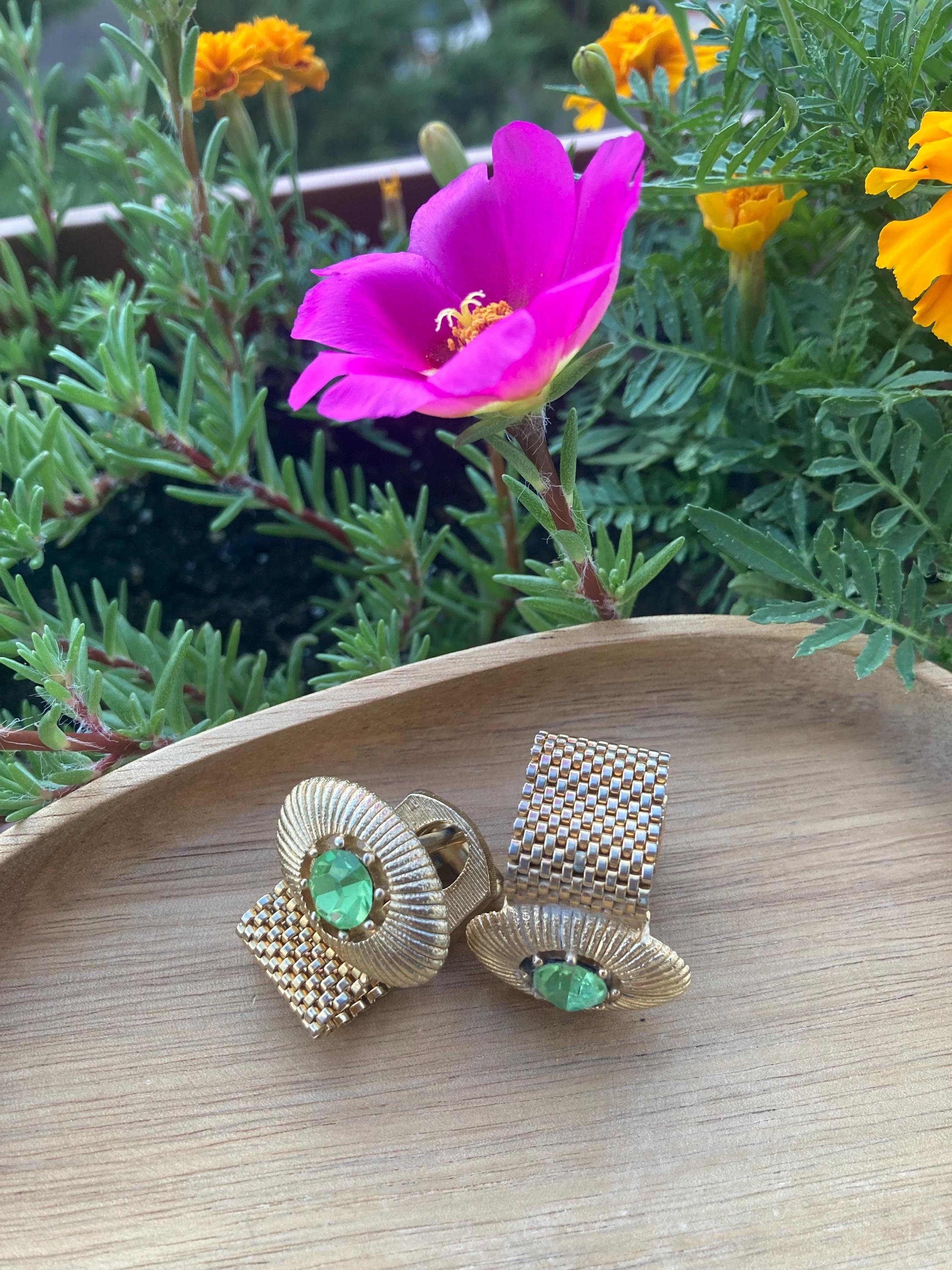 Lot Boutons De Manchette Vintage Vert émeraude Strass Lucite - Unisexe, Occasion