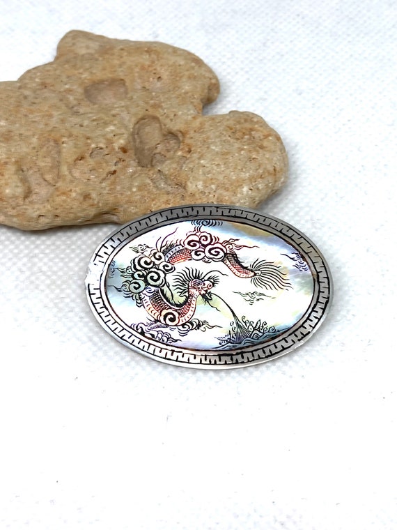 Vintage Mother of pearl painted dragon brooch - image 3