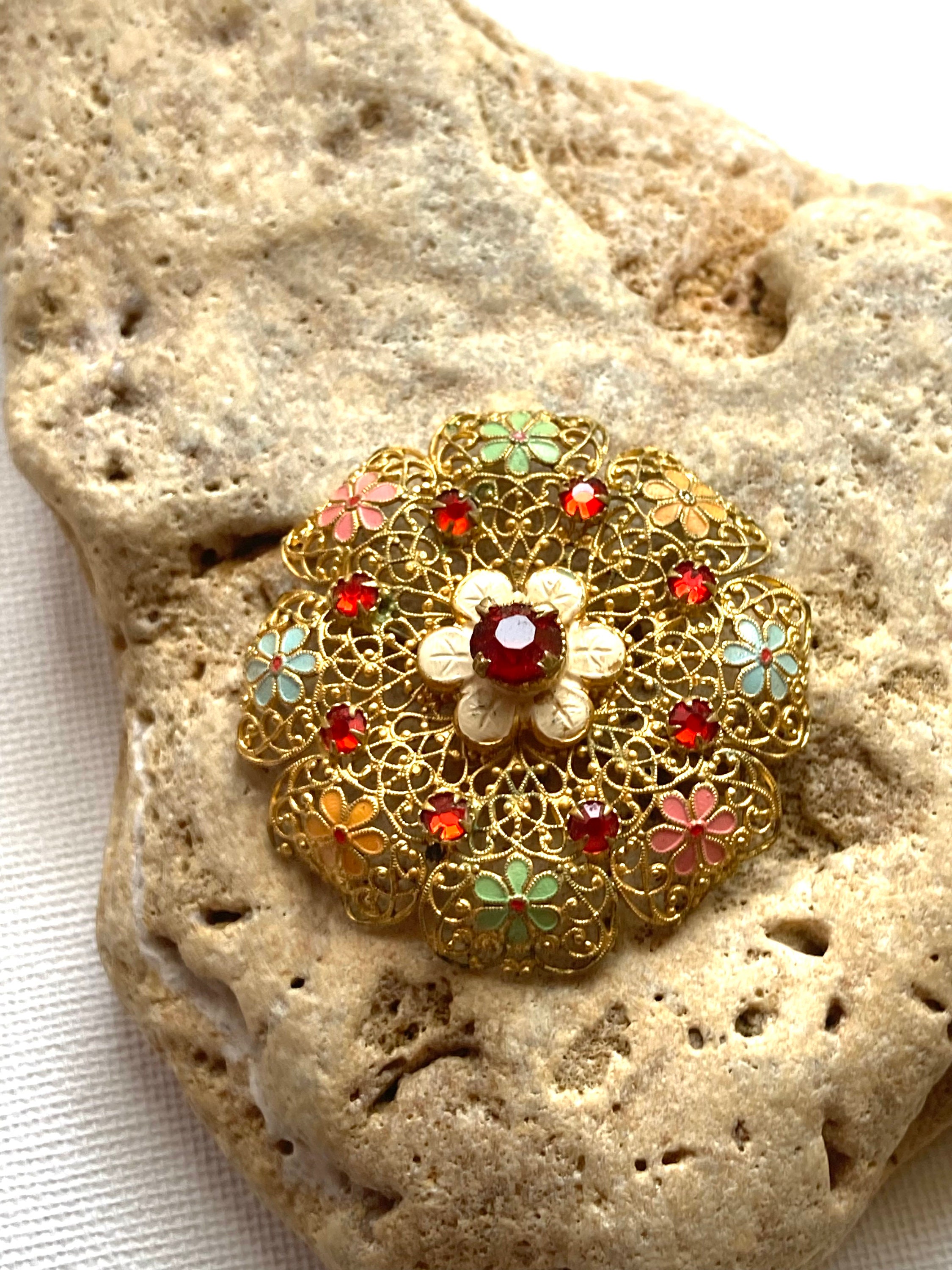Vintage floral enameled filigree Czech brooch