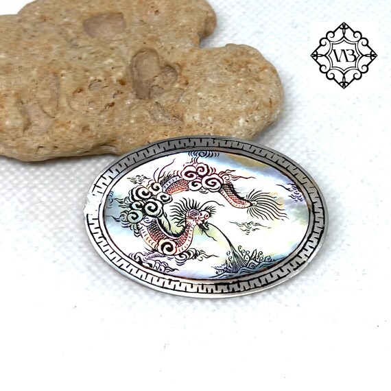 Vintage Mother of pearl painted dragon brooch - image 1
