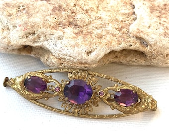 Vintage Czech brass filigree purple oval brooch