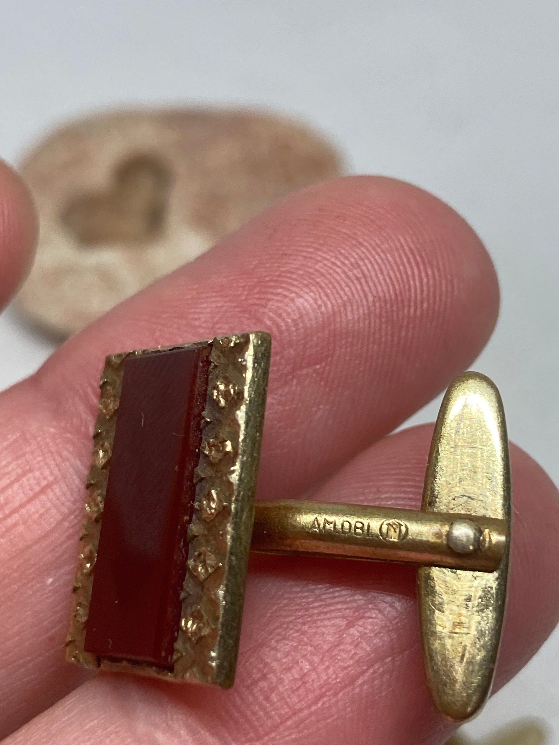 Boutons De Manchette Vintage Plaqué Or Et Pierre Ambre - Occasion Très Bon état