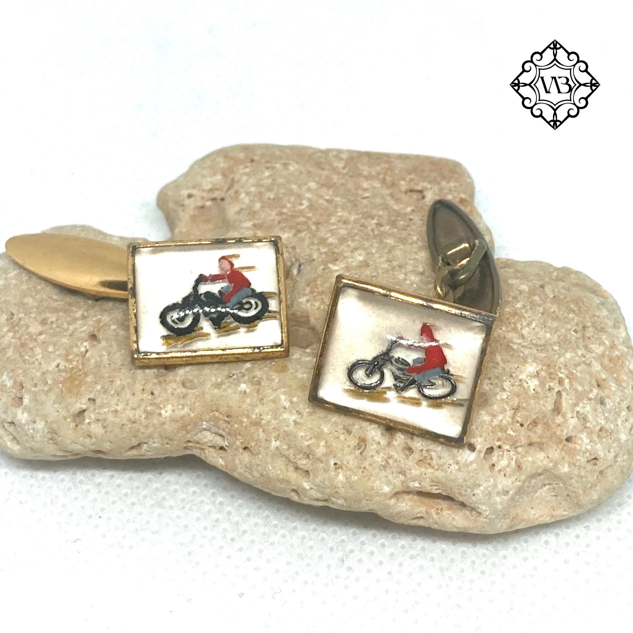 Vintage rare gold tone brass motorbike cufflinks
