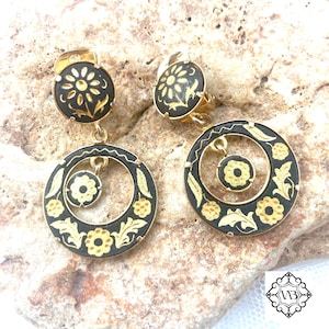 Vintage Damascene hoop floral clip on earrings