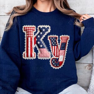 Kentucky | Gequilte patriottische nep-patchworkletters met kant | Vierde juli Kentucky | Rood-wit-blauwe nep-quilt
