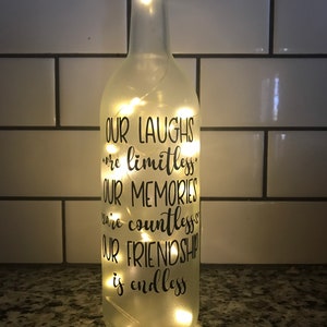 Decorative Wine bottle with lights, Our  laughs are limitless, Best Friends, UK, Wildcats