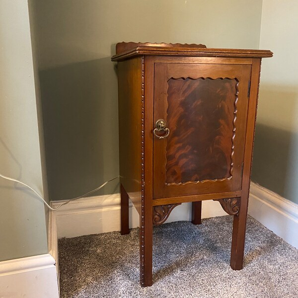 Antique Victorian Arts and Crafts Cupboard Bedside Table With Carved Detail.