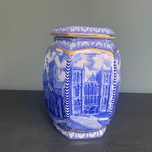 Wade Blue and White Ringtons Hexagonal Tea Caddy Millennium Cathedral.