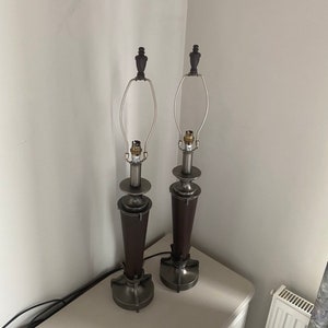 Large Vintage Lamp Pair Brass  and Leather Table / Bedside Lamps. Heavy Base.
