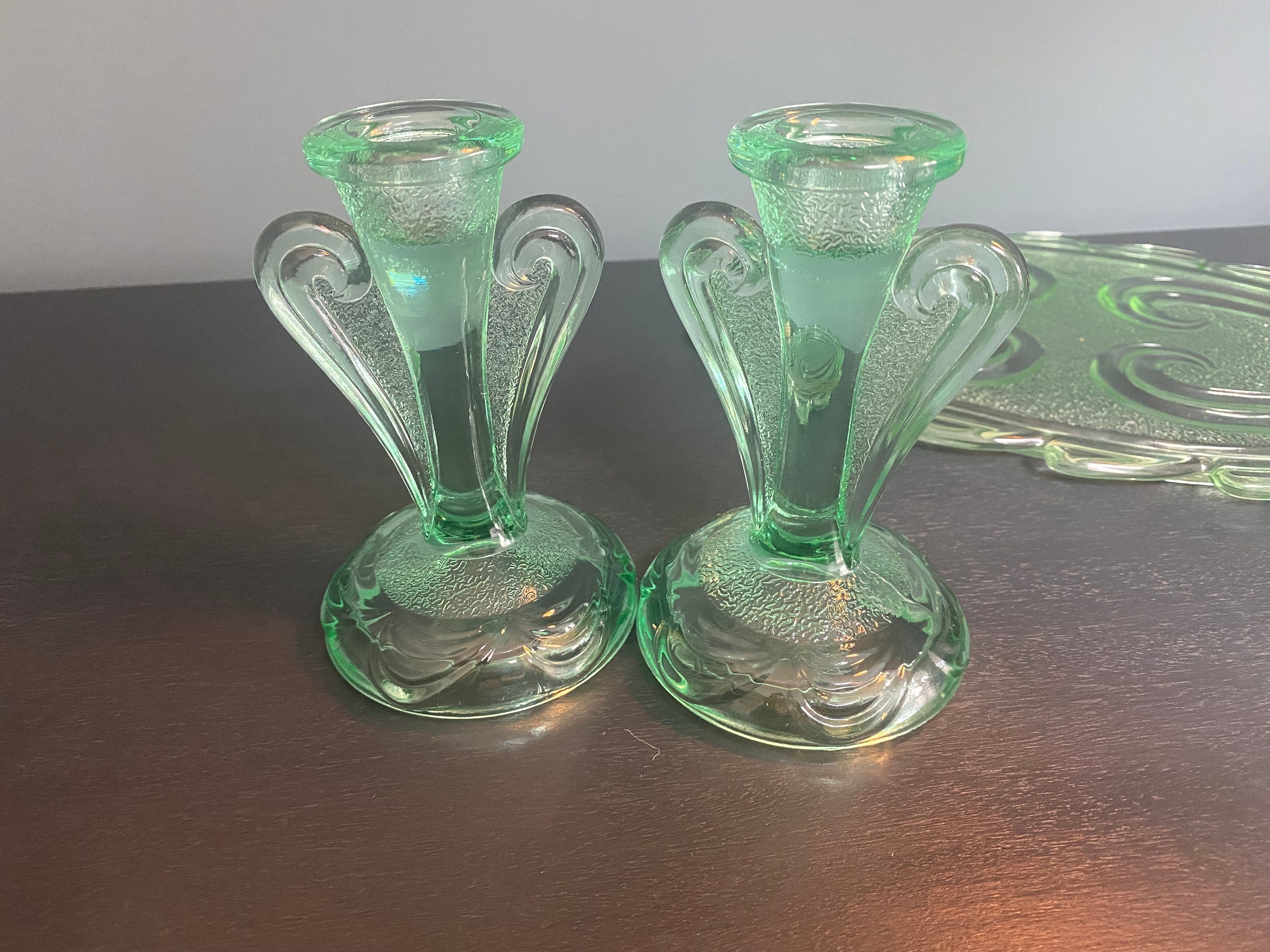 Vintage Green Glass Dressing Table Set Art Deco Glass Vanity Set by