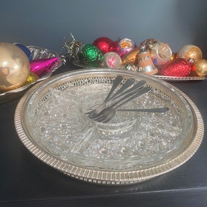 Vintage Cut Glass and Silver Plate Hors D’oeuvres Dish, Sectional Snack Tray, Buffet Dish, Glass Serving Platter.