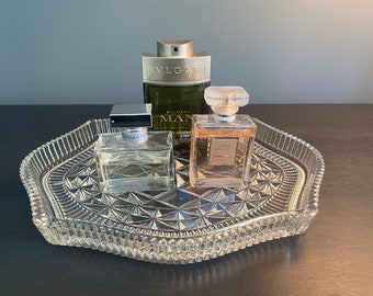 Vintage Cut Glass Art Deco Glass Dressing Table Vanity Tray / Stand