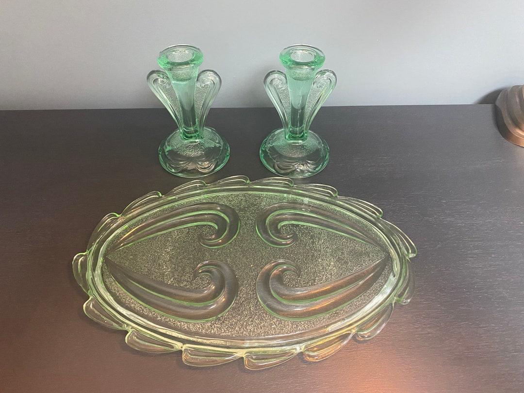 Vintage Green Glass Dressing Table Set Art Deco Glass Vanity Set by