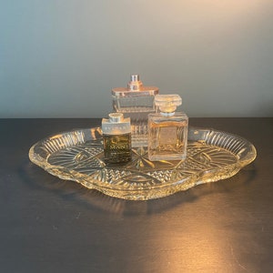 Vintage Cut Glass Art Deco Glass Dressing Table Vanity Tray / Stand