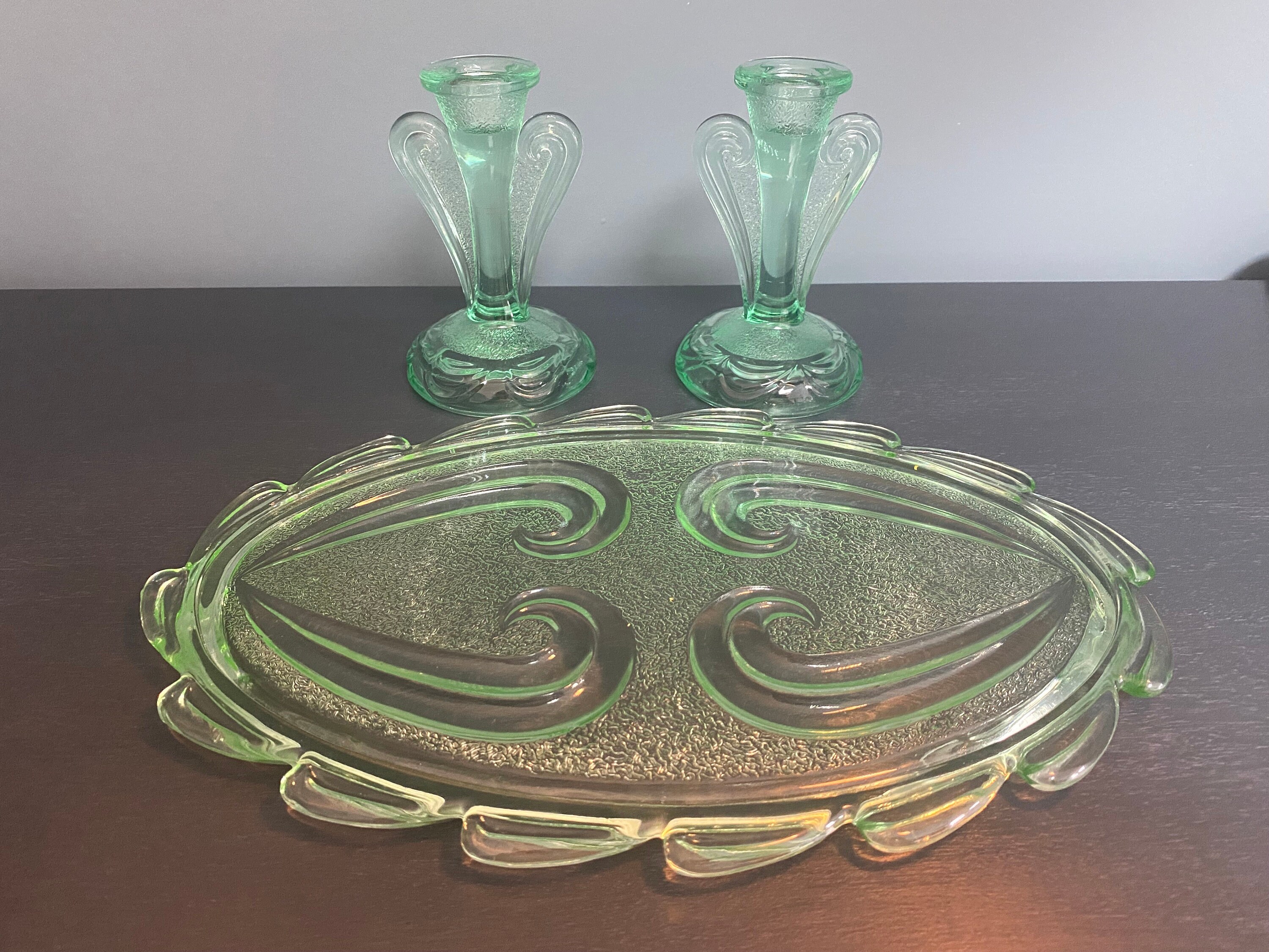 Vintage Green Glass Dressing Table Set Art Deco Glass Vanity Set by