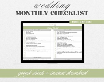 Hoja de cálculo con lista de verificación para bodas, cronograma mensual, Hojas de cálculo de Google (descarga digital)
