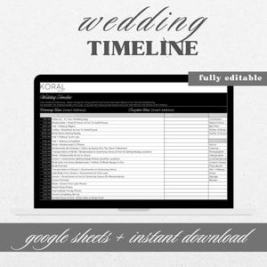 Op de afbeelding: Een zwart-witte afbeelding van een computerscherm waarop een sjabloon voor een huwelijkstijdlijn in een Google Sheet wordt weergegeven. De sjabloon heeft de titel "Wedding Timeline" en bevat kolommen voor "Grooming Time", "Grooming Location", "Reception Time", "Reception Location" en "Coordinator".