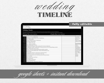 Pode incluir: Uma imagem em preto e branco de uma tela de computador que mostra um modelo de cronograma de casamento em uma planilha do Google. O modelo é intitulado "Wedding Timeline" e inclui colunas para "Grooming Time", "Grooming Location", "Reception Time", "Reception Location" e "Coordinator".