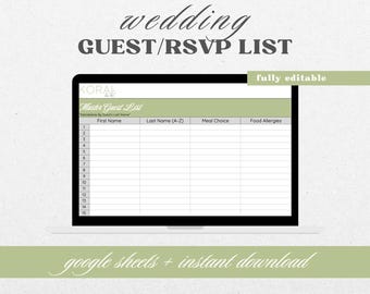 May include: A digital printable wedding guest list template in a Google Sheets format. The template has columns for first name, last name, meal choice, and food allergies. The template is fully editable and includes the text "Master Guest List".