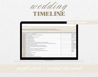 Pode incluir: Uma captura de tela de um modelo de planilha do Google para um cronograma de casamento. A planilha é intitulada "Wedding Timeline" e é totalmente editável. A planilha inclui uma lista de tarefas e horários para o dia do casamento, como "Acordar", "Cabelo e Maquiagem", "Cerimônia" e "Recepção".