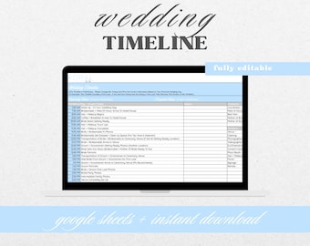 Puede incluir: Una plantilla de cronograma de boda digital en formato Google Sheets. La plantilla se muestra en la pantalla de una computadora con un fondo azul. La plantilla incluye una lista de actividades del día de la boda con los tiempos y descripciones correspondientes. El texto "wedding timeline" se muestra en una fuente grande en la parte superior de la plantilla. El texto "fully editable" se muestra en una fuente más pequeña debajo del título de la línea de tiempo. El texto "google sheets + instant download" se muestra en la parte inferior de la plantilla.