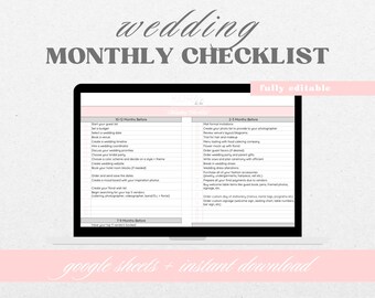 May include: A pink and gray printable wedding checklist in a Google Sheets format. The checklist is divided into three sections: 10-12 Months Before, 7-9 Months Before, and 2-3 Months Before. The checklist includes tasks such as setting a budget, choosing a wedding date, booking a venue, and ordering invitations.