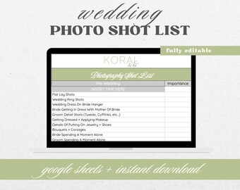 Wedding Photo Shot List Spreadsheet, Google Sheets (Digital Download)