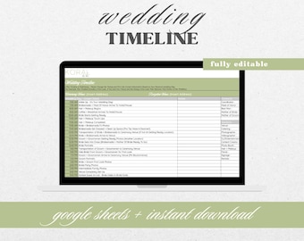 Pode incluir: Um cronograma de casamento digital exibido na tela de um laptop. O texto "wedding timeline" está no topo, com "fully editable" e "google sheets + instant download" também visíveis. O cronograma inclui um cronograma com horários e atividades.