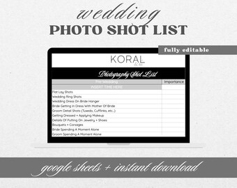 Wedding Photo Shot List Spreadsheet, Google Sheets (Digital Download)