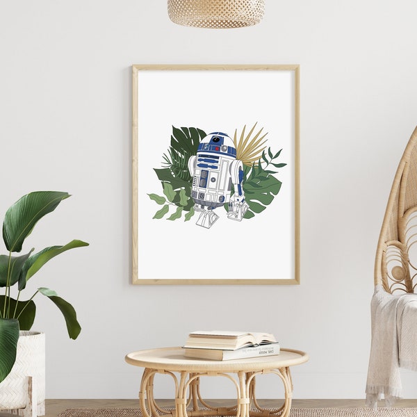Minimalist Star Wars Inspired R2D2 Print with Plants, Star Wars Gift, Digital Download, Home Decor, Star Wars Nursery