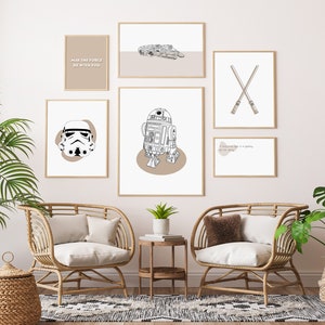 Láminas artísticas de Star Wars estilo boho para habitación infantil, R2-D2, Halcón Milenario (Descarga digital)