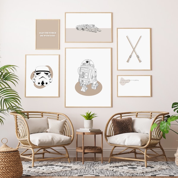 Láminas artísticas de Star Wars estilo boho para habitación infantil, R2-D2, Halcón Milenario (Descarga digital)