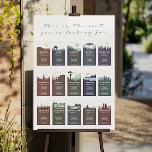Puede incluir: Un cartel blanco de distribución de asientos para bodas sobre un caballete con el texto "this is the seat you're looking for" en la parte superior. Presenta quince columnas rectangulares, cada una con el nombre de un planeta de Star Wars, número de mesa y lista de invitados.