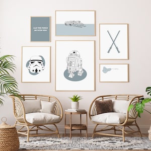 Blue Star Wars Art Print Set, R2D2, Millennium Falcon (Digital Download)