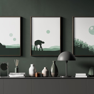 Minimalist Green Star Wars Inspired Prints Trilogy Series: Tatooine, Endor, Hoth, Gift, Digital Download, Home Decor, Star Wars Nursery