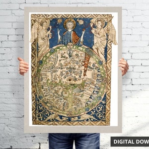 Mapa de la Tierra Plana del Salterio 1265 / Calificación de 5 estrellas / Descarga digital remasterizada de alta resolución del mapa del mundo medieval
