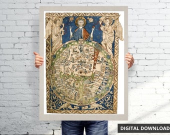 1265 Psautier, carte de la Terre plate | Classé 5 étoiles | Carte du monde médiévale remasterisée en téléchargement numérique haute résolution