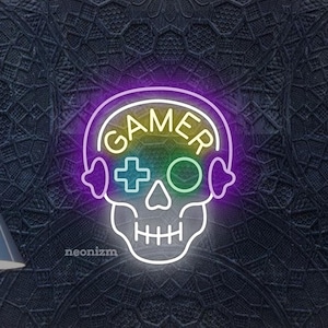 Skull Gamer Neon Sign, Custom LED Wall Light, Gamer Room Decor, Cool Gaming Neon Art, Man Cave Wall Sign, Video Game Decor