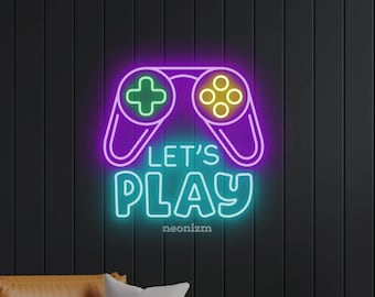 Letrero de neón con forma de mando de videojuegos, luz LED «¡A jugar!», decoración para sala de juegos, letrero personalizado para gamers, arte mural de videojuegos, regalo de Navidad para gamers