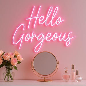 Letrero de neón "Hello Gorgeous": luz LED de pared rosa para dormitorio, boda o tocador. Regalo romántico para compromiso o despedida de soltera.