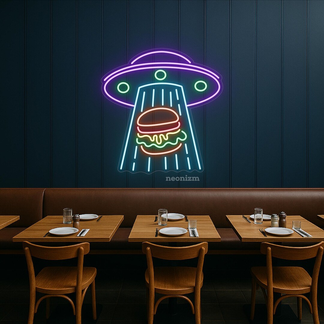 UFO Burger Neon Sign - Alien Hamburger LED Wall Light - Fun Fast Food ...