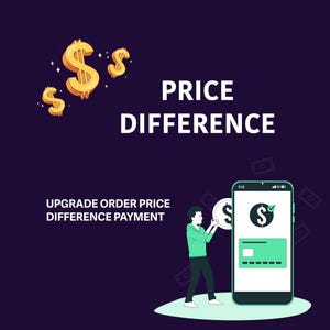 Könnte beinhalten: Eine dunkelviolette Grafik mit dem Text PRICE DIFFERENCE und UPGRADE ORDER PRICE DIFFERENCE PAYMENT. Das Design enthält drei goldene Dollarzeichen, eine Person in einem grünen Kapuzenpullover und ein Smartphone mit Zahlungsbildschirm.