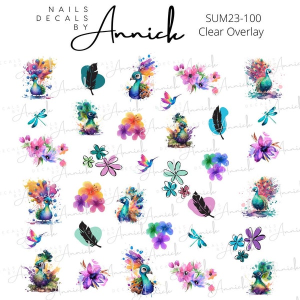 Water transfer decal for nail PEACOCKS, Peacock FEATHERS and flowers/ Waterslide decals for nails PEACOOK with flowers