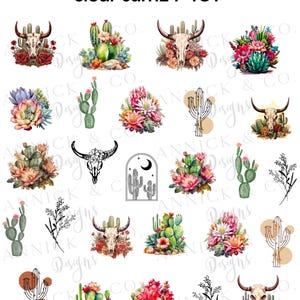 Peut inclure: Une collection d'illustrations numériques présentant des crânes de bovidés, divers cactus, plantes grasses et compositions florales style aquarelle, ainsi que des dessins au trait noir de plantes du désert et une arche lunaire, étiquetés ANNICK & CO. Designs clear sum24-401.